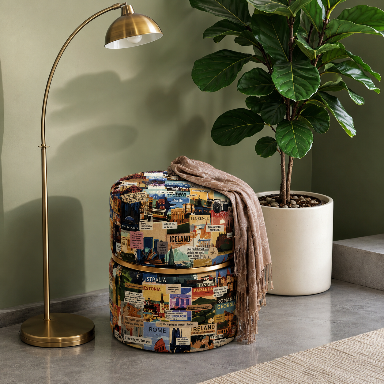 Wanderlust World Travel Print Round Ottoman Pouf | Gold Ring Accent | Premium Luxury Upholstery