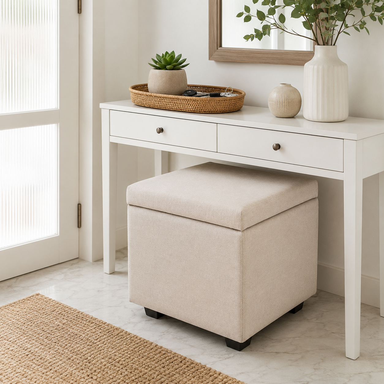 Cube Storage Ottoman | Beige Linen Fabric Footrest Pouf with Hidden Storage | Modern Premium Luxury Pouf
