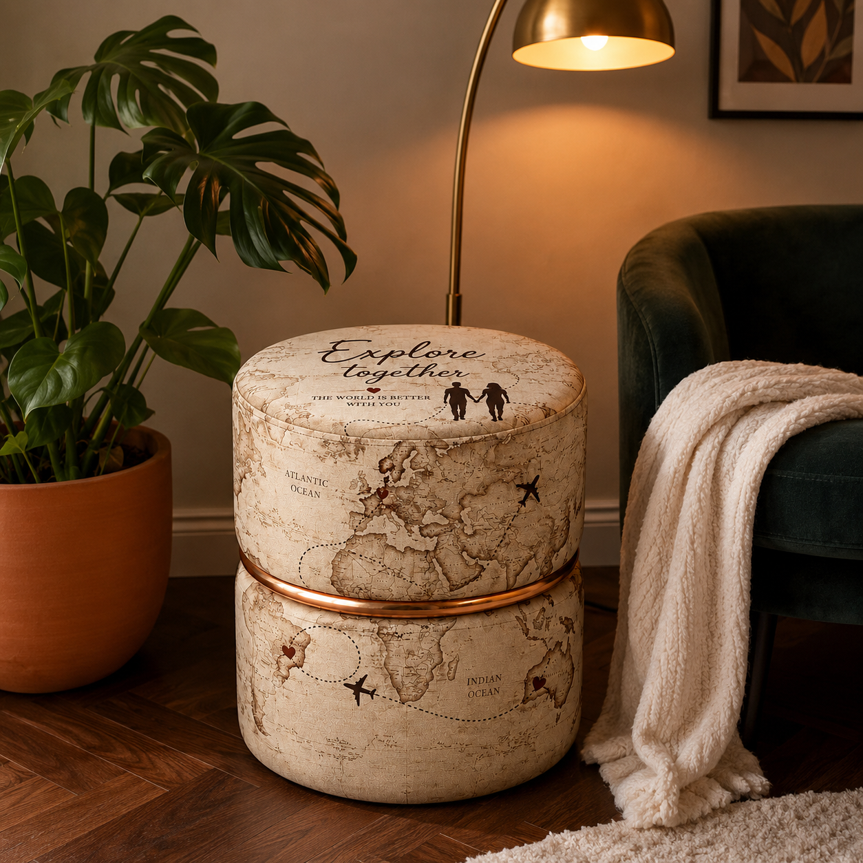 Explore Together World Map Stacked Round Ottoman Set – Premium Vintage Travel Couple Gift Pouf with Gold Ring