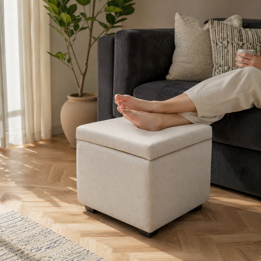 Cube Storage Ottoman | Beige Linen Fabric Footrest Pouf with Hidden Storage | Modern Premium Luxury Pouf