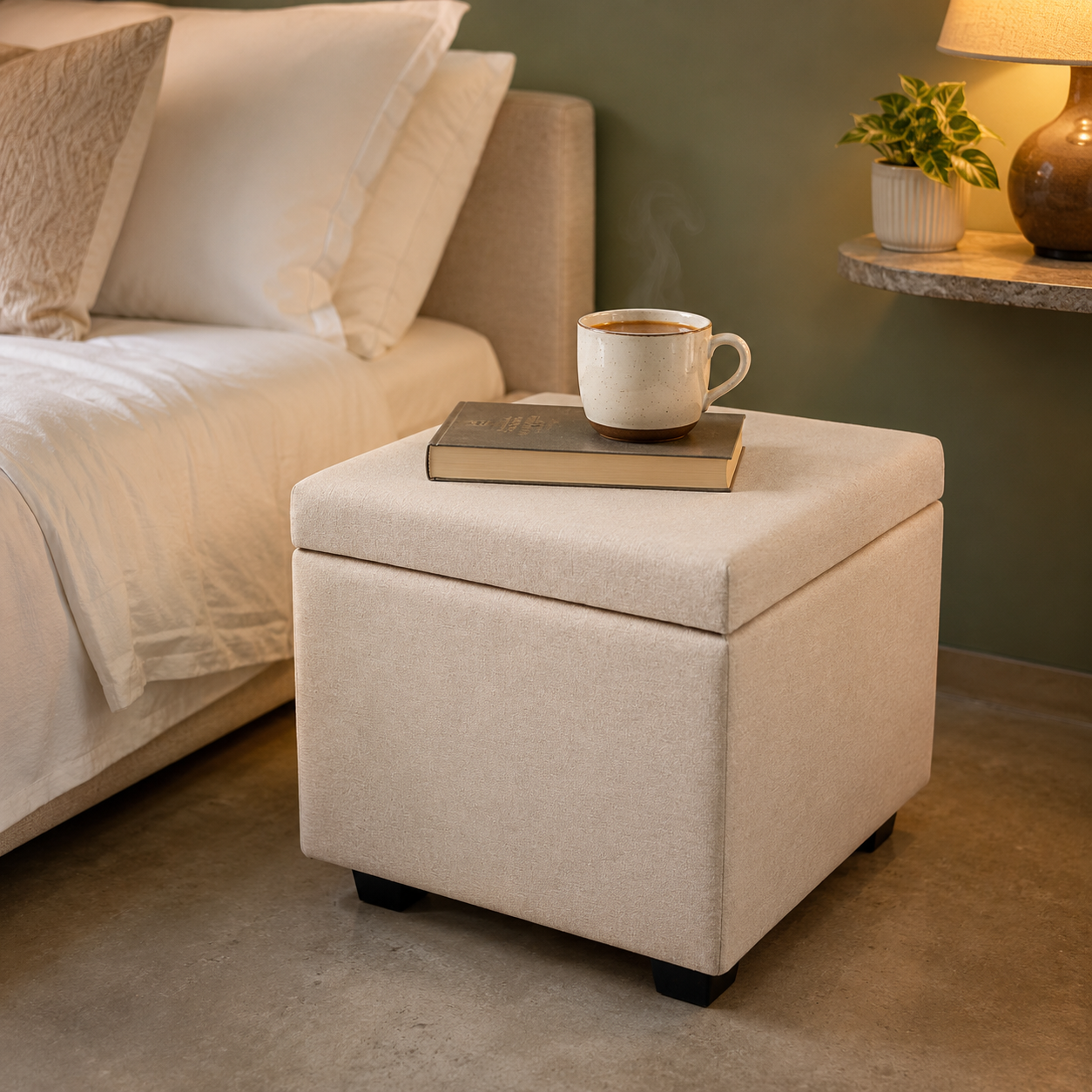 Cube Storage Ottoman | Beige Linen Fabric Footrest Pouf with Hidden Storage | Modern Premium Luxury Pouf