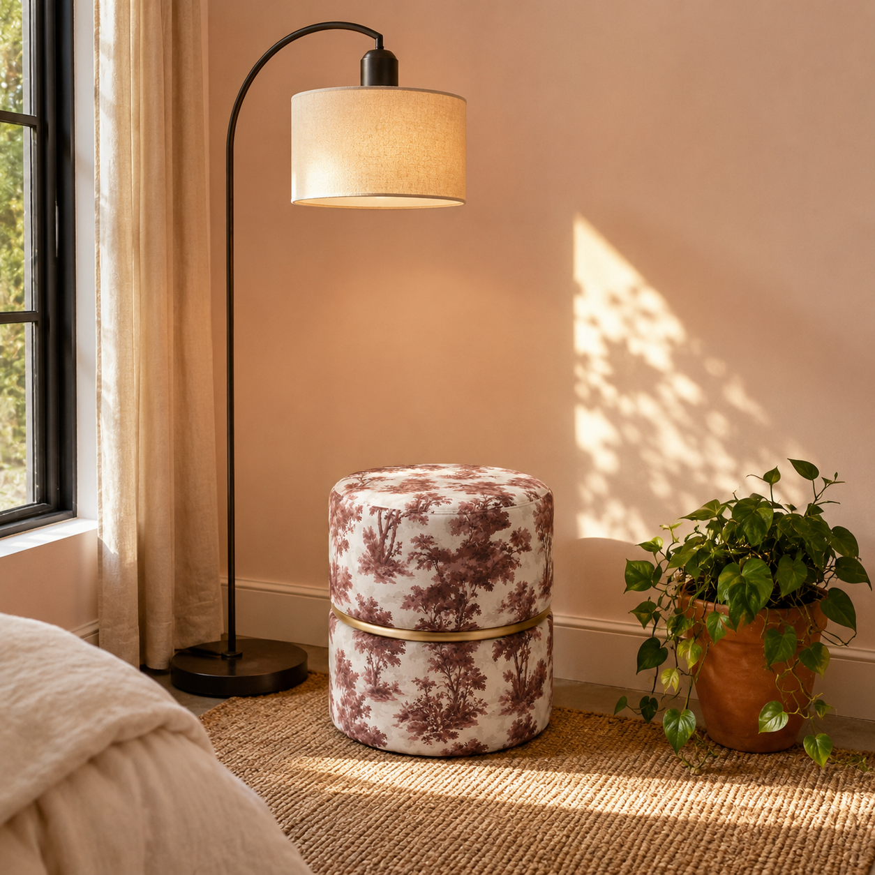 Toile de Jouy Round Ottoman Pouf with Gold Ring | Modern Premium Luxury Pouf