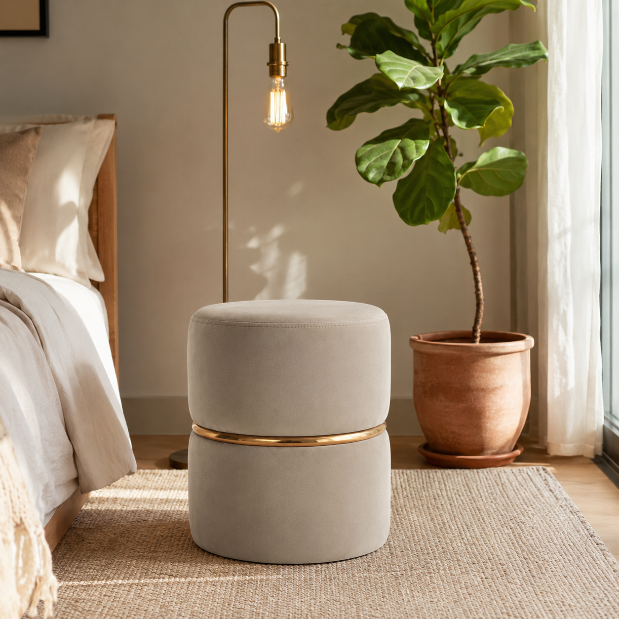 Velvet Round Ottoman with Gold Ring Band | Modern Premium Luxury Living Room Pouf