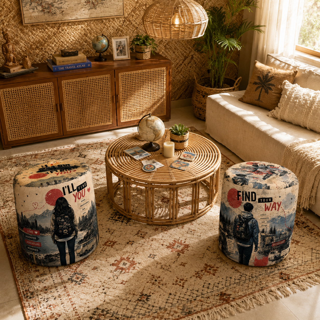 Wanderlust Couple Traveller Pouf Set of 2 | Premium Luxury Couple Adventure Pouf Pair