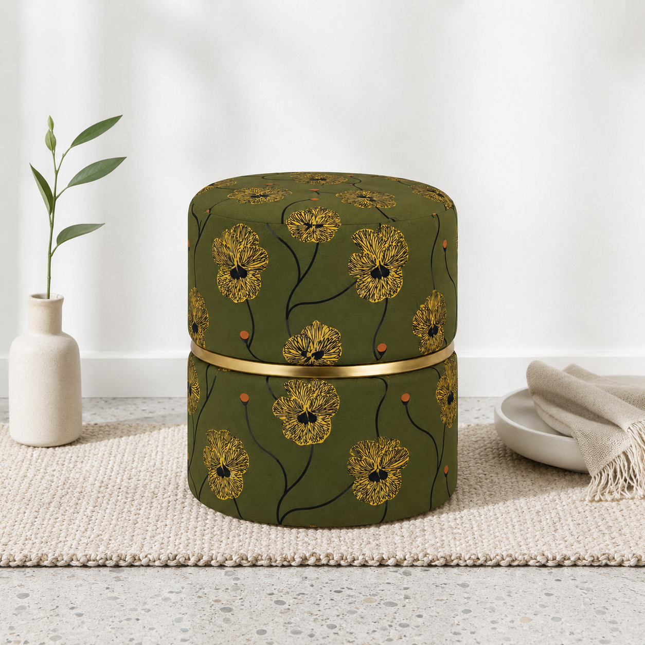 Olive Green Floral Pansy Round Ottoman Pouf with Gold Ring | Modern Premium Luxury Pouf