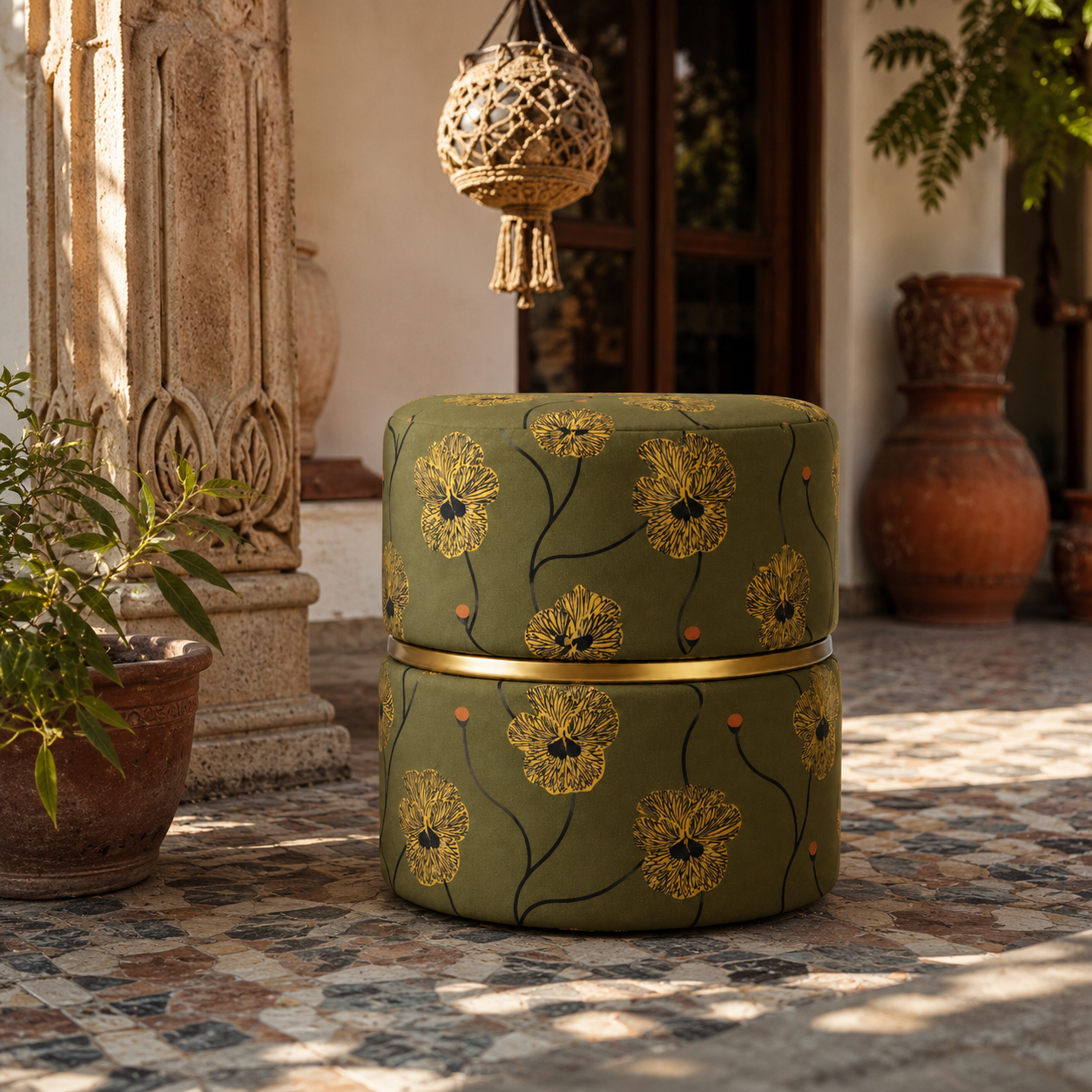 Olive Green Floral Pansy Round Ottoman Pouf with Gold Ring | Modern Premium Luxury Pouf