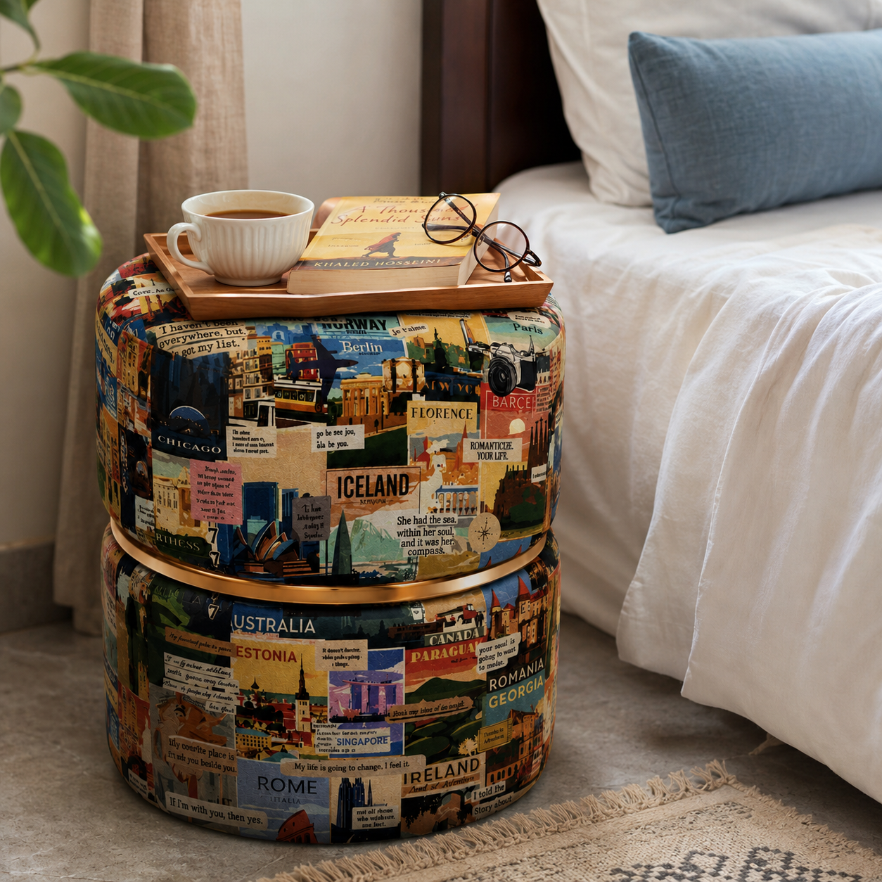 Wanderlust World Travel Print Round Ottoman Pouf | Gold Ring Accent | Premium Luxury Upholstery