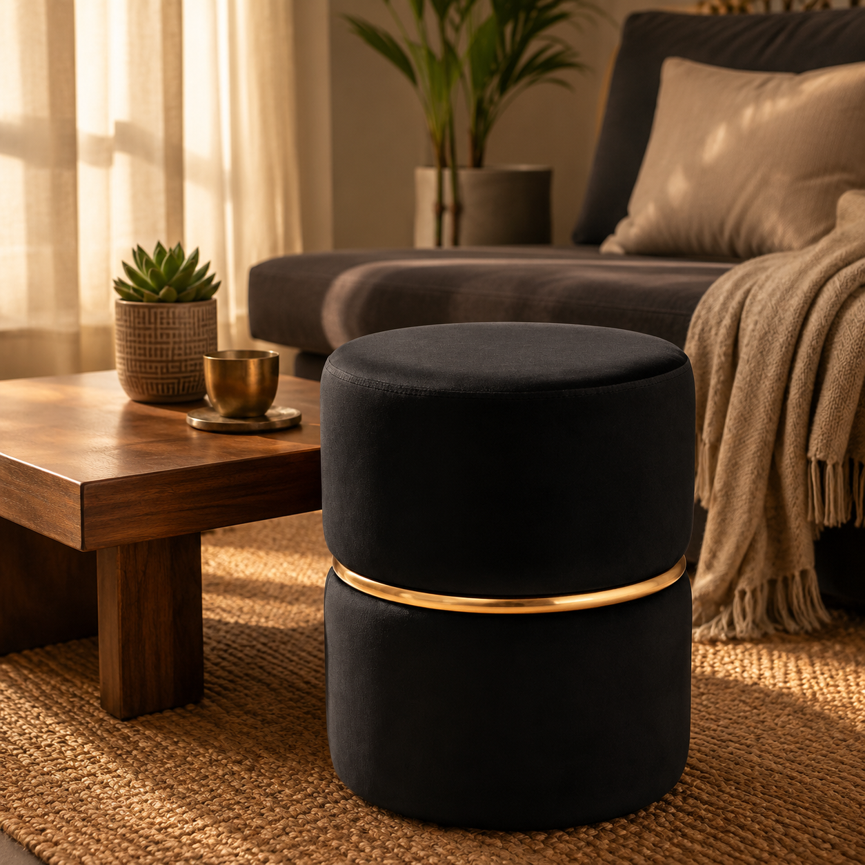 ToWish Black Velvet Round Ottoman with Gold Ring Accent | Classic Cozy Corner Ottoman Stool