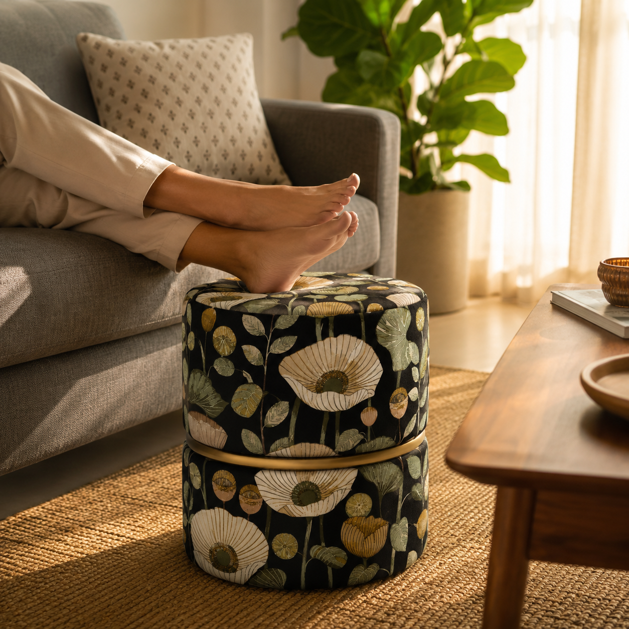 Botanical Black Floral Velvet Round Ottoman with Gold Ring Accent | Modern Premium Luxury Pouf