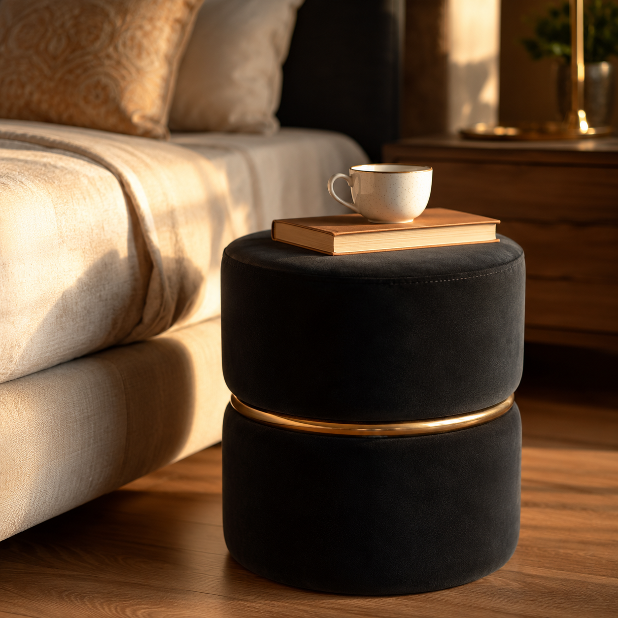 Black Velvet Round Ottoman with Gold Ring Accent | Modern Premium Luxury Pouf