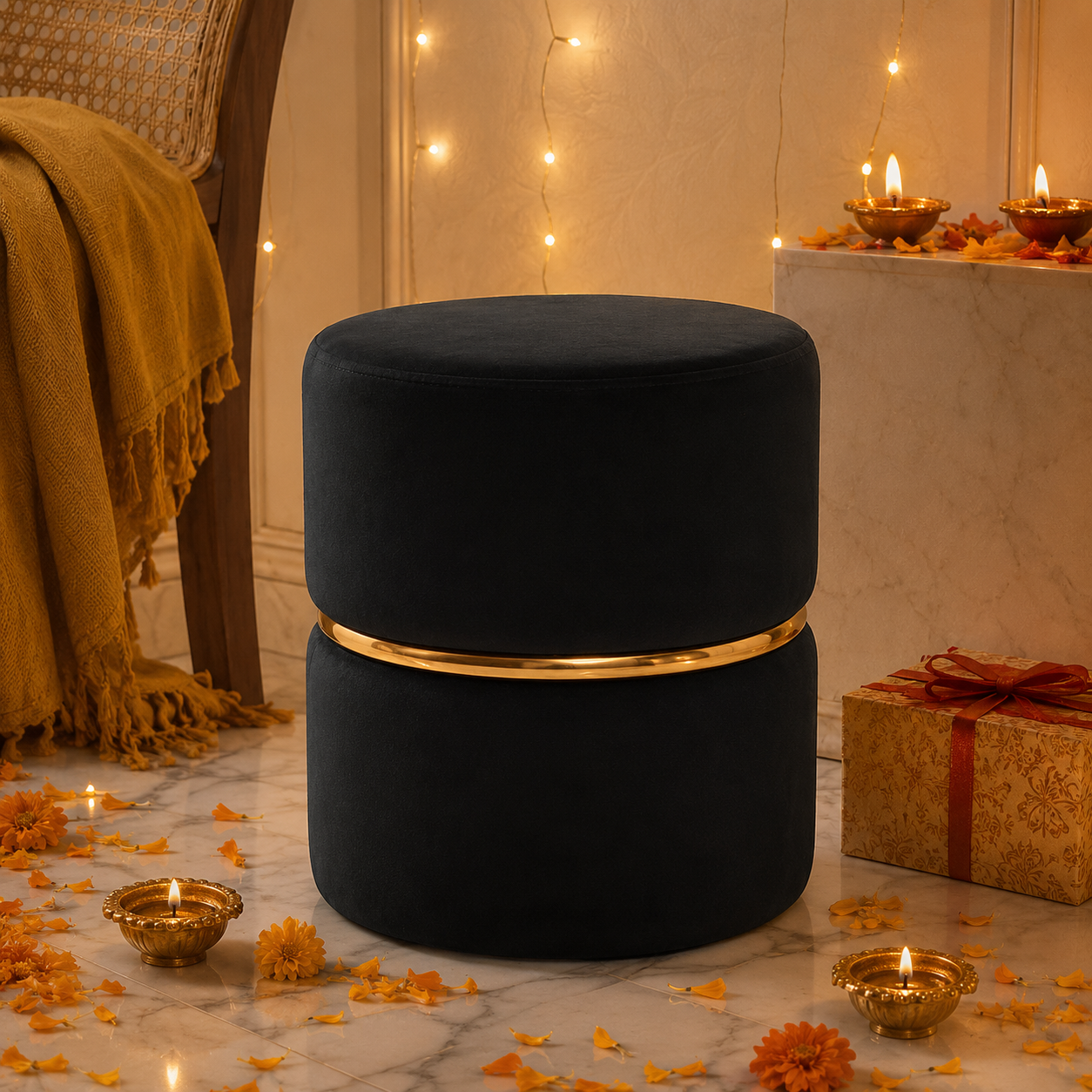 ToWish Black Velvet Round Ottoman with Gold Ring Accent | Classic Cozy Corner Ottoman Stool