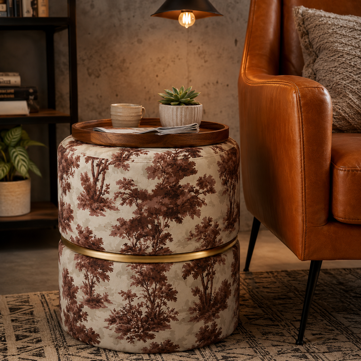 Toile de Jouy Round Ottoman Pouf with Gold Ring | Modern Premium Luxury Pouf