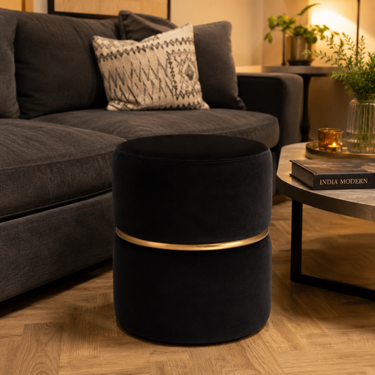 Black Velvet Round Ottoman with Gold Ring Accent | Modern Premium Luxury Pouf
