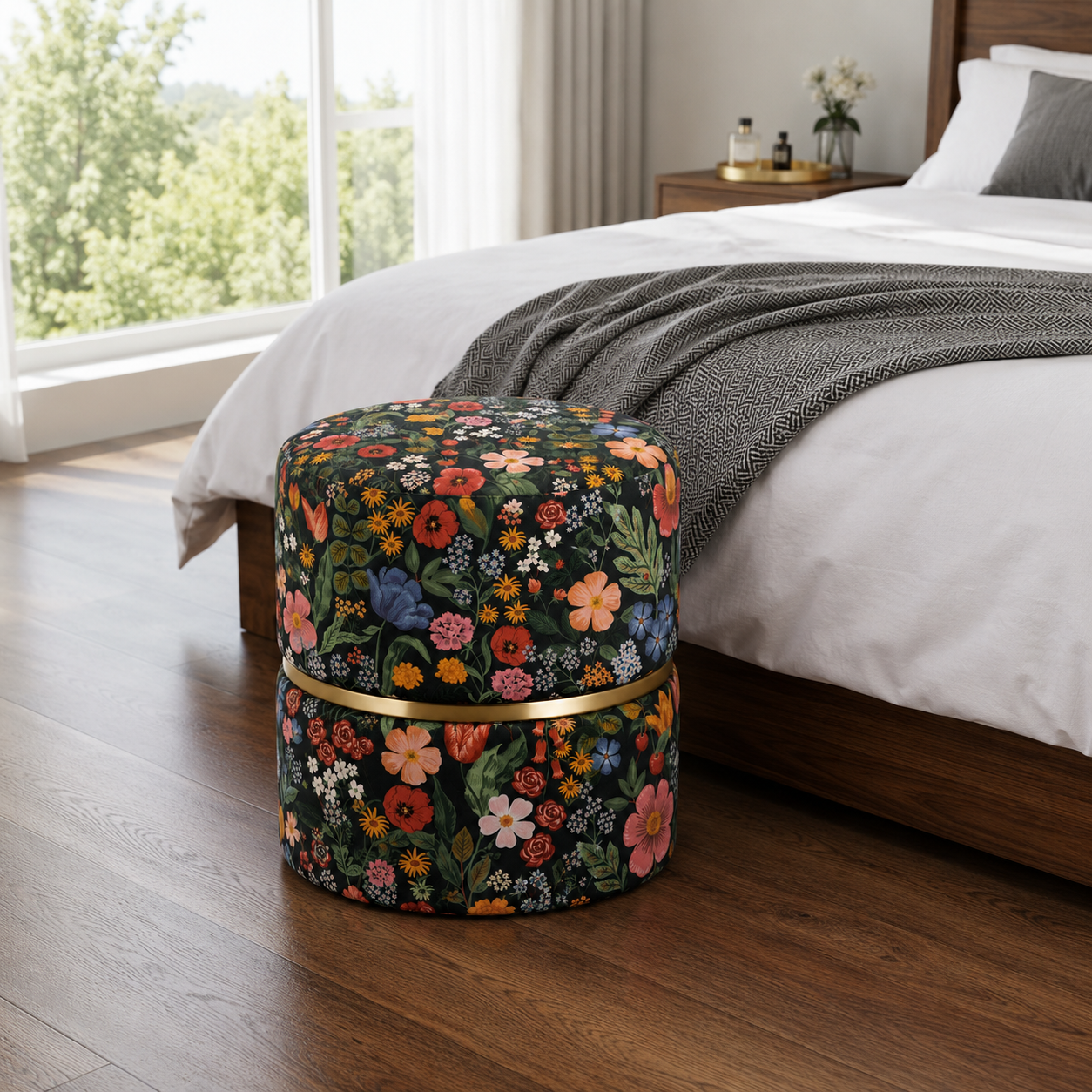Botanical Garden Round Ottoman With Golden Ring | Modern Premium Luxury Pouf