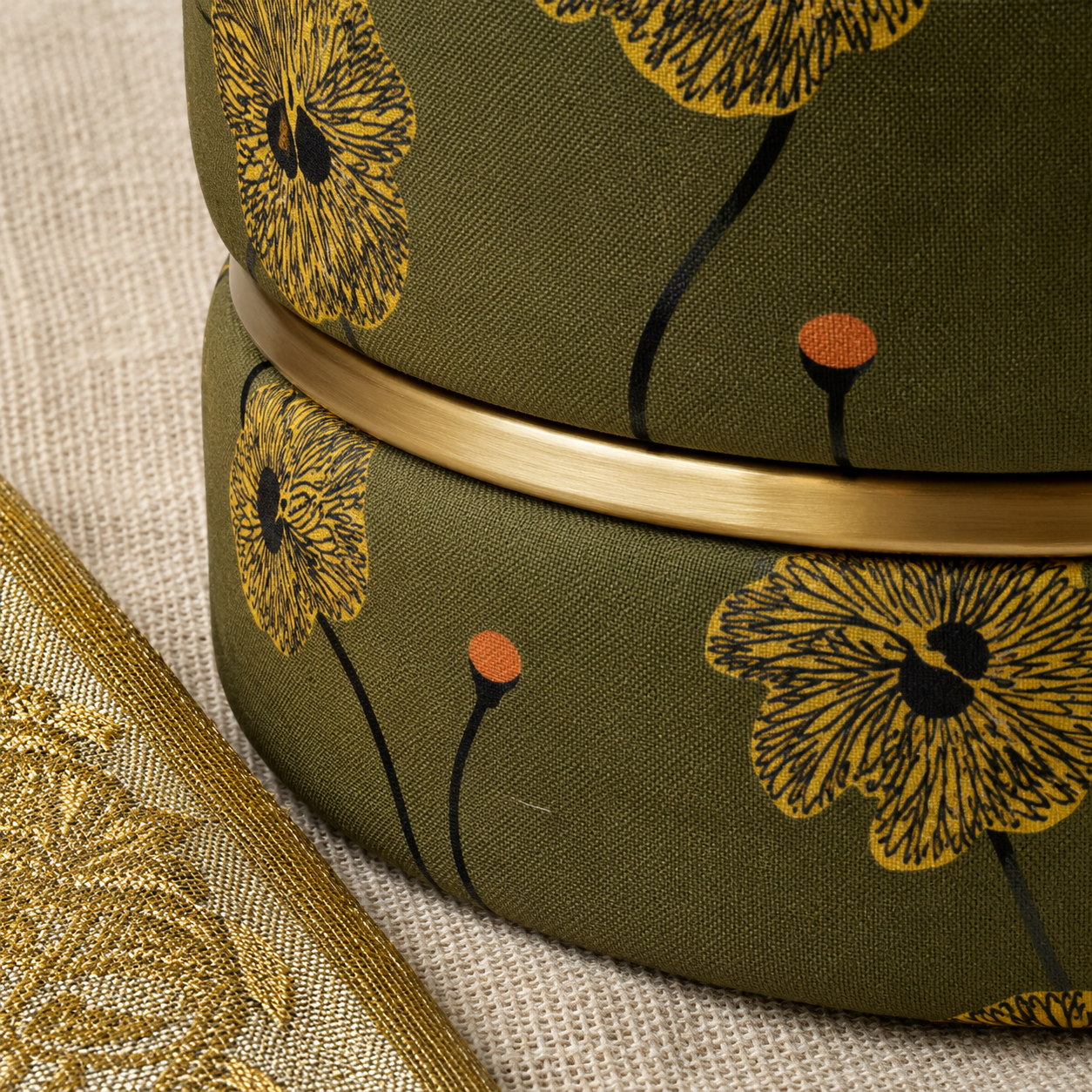 Olive Green Floral Pansy Round Ottoman Pouf with Gold Ring | Modern Premium Luxury Pouf