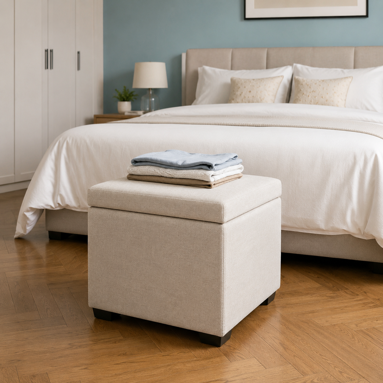 Cube Storage Ottoman | Beige Linen Fabric Footrest Pouf with Hidden Storage | Modern Premium Luxury Pouf