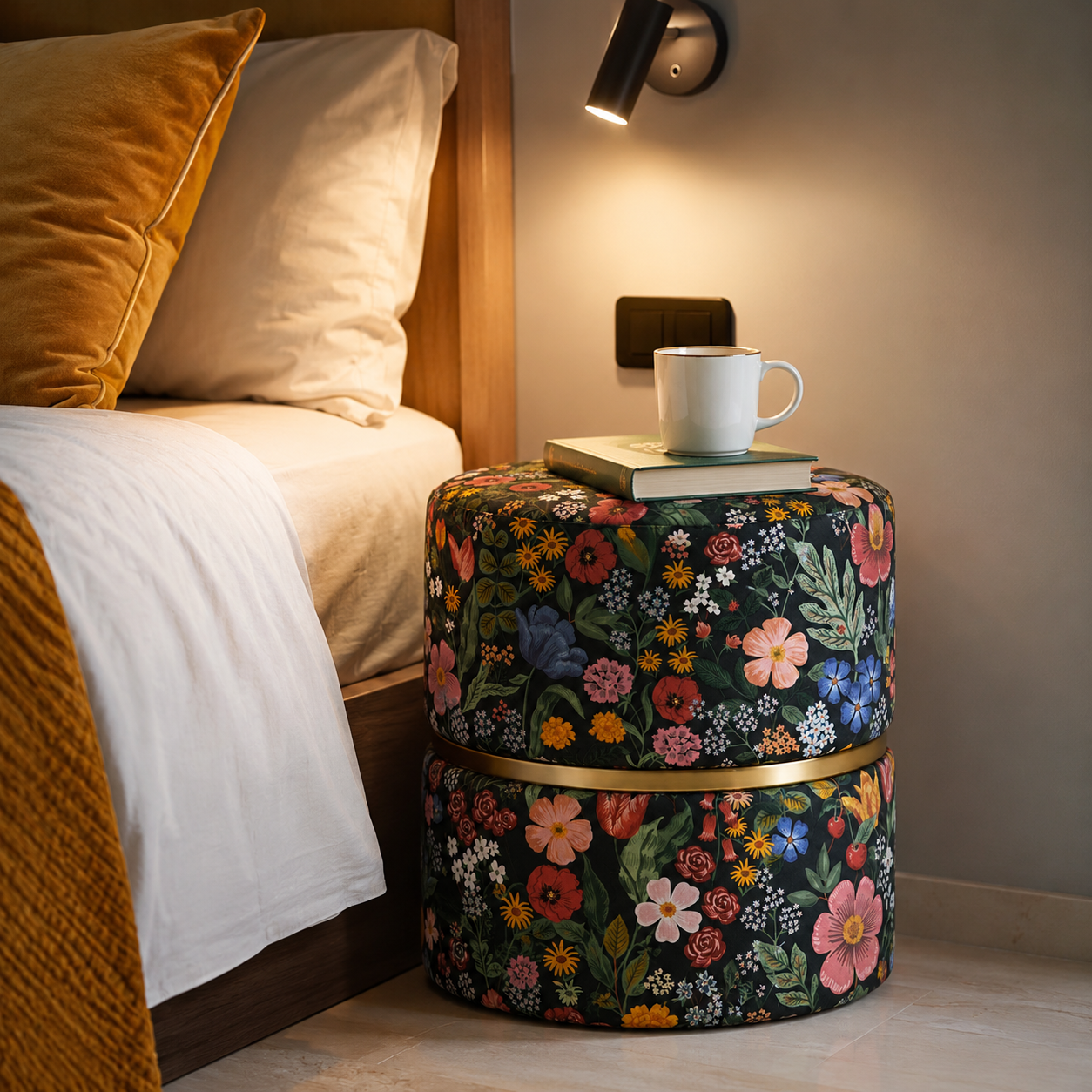 Botanical Garden Round Ottoman With Golden Ring | Modern Premium Luxury Pouf