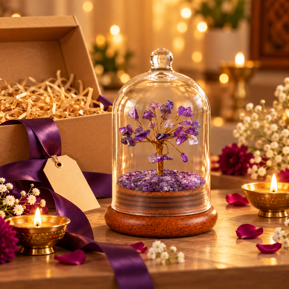 Amethyst Crystal Wish Tree with Glass Dome | Home Decor & Gift | Lab Certificate