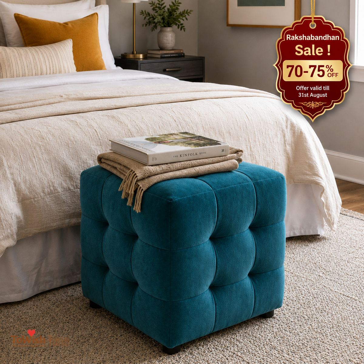 Beige Luxe Pouffe Ottoman Stool - Premium Imported Holland Fabric