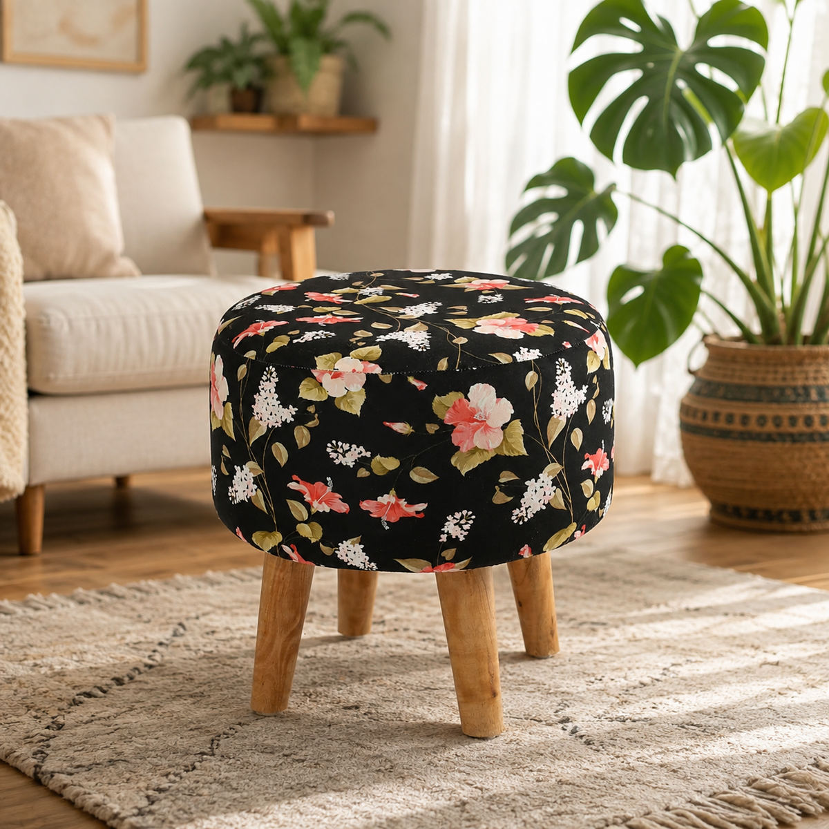 Midnight Bloom Ottoman — Handcrafted with Premium Print
