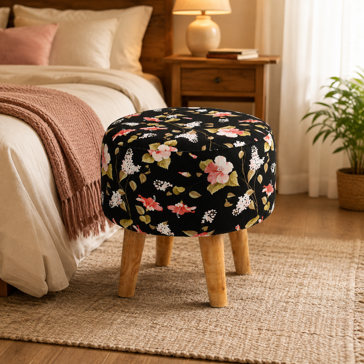 Midnight Bloom Ottoman — Handcrafted with Premium Print