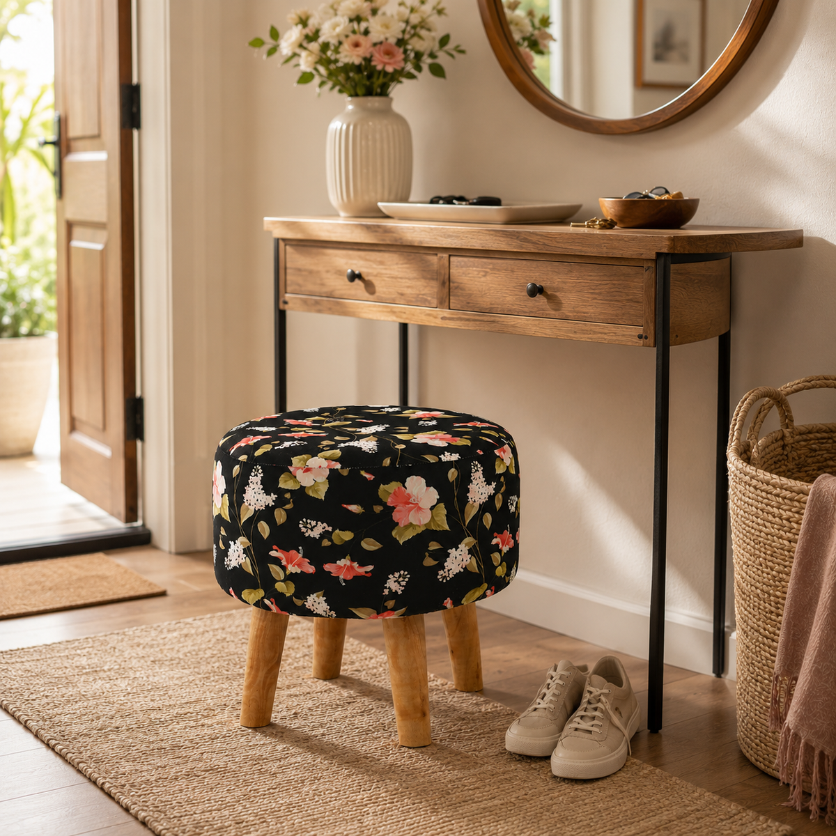 Midnight Bloom Ottoman — Handcrafted with Premium Print