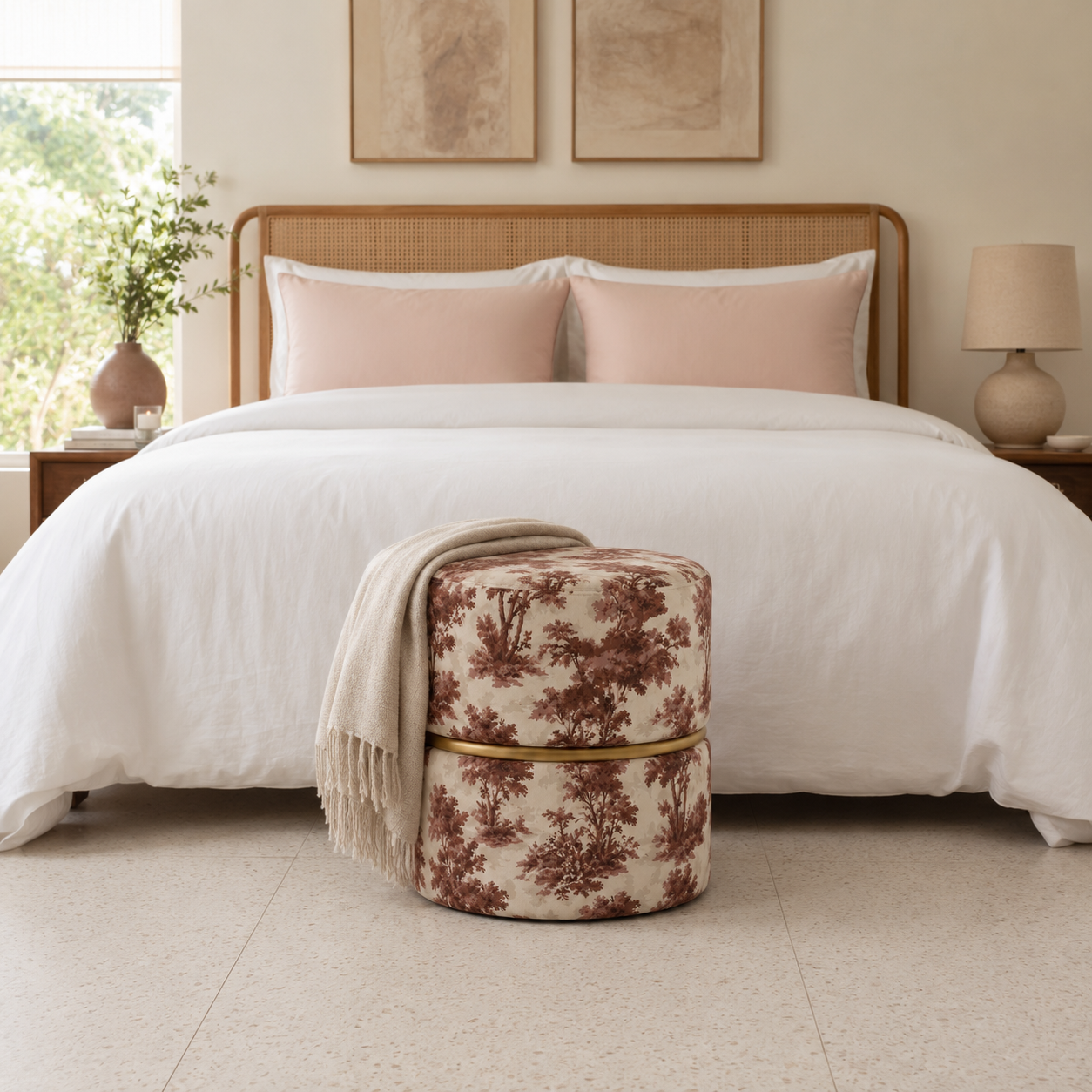 Toile de Jouy Round Ottoman Pouf with Gold Ring | Modern Premium Luxury Pouf