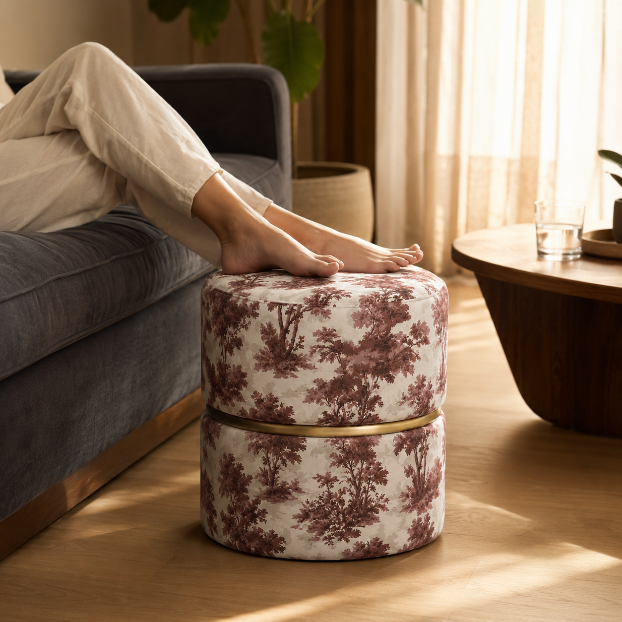Toile de Jouy Round Ottoman Pouf with Gold Ring | Modern Premium Luxury Pouf
