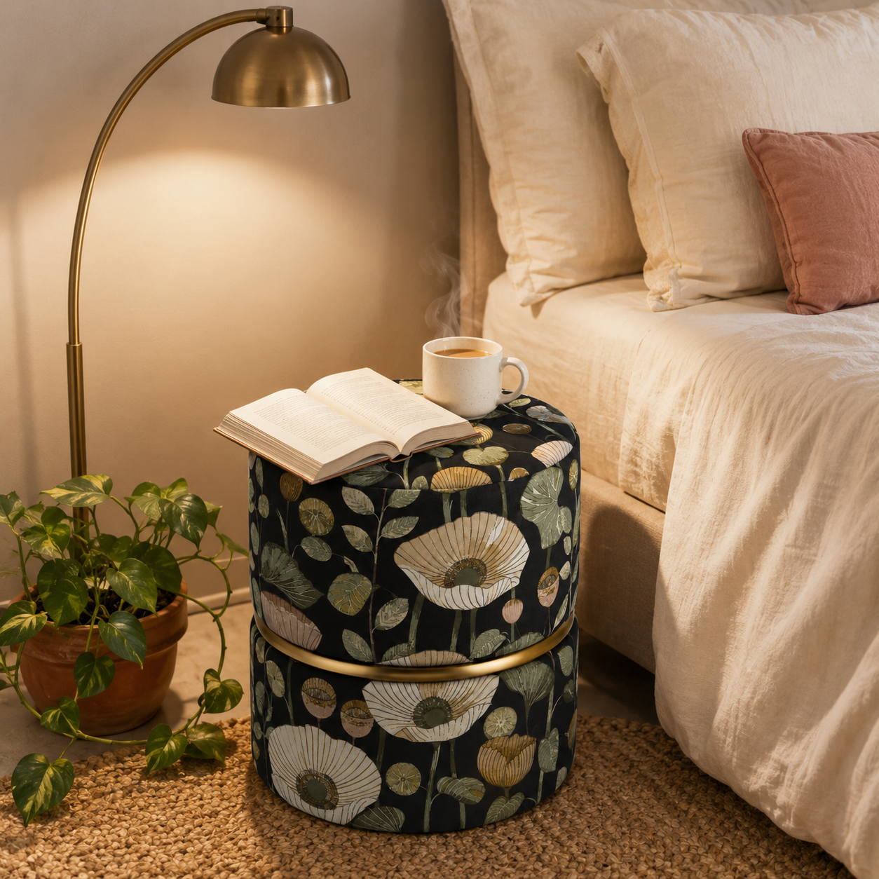 Botanical Black Floral Velvet Round Ottoman with Gold Ring Accent | Modern Premium Luxury Pouf