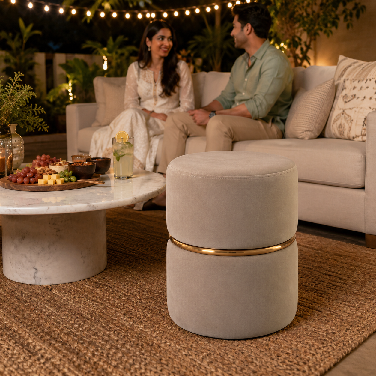 Velvet Round Ottoman with Gold Ring Band | Modern Premium Luxury Living Room Pouf
