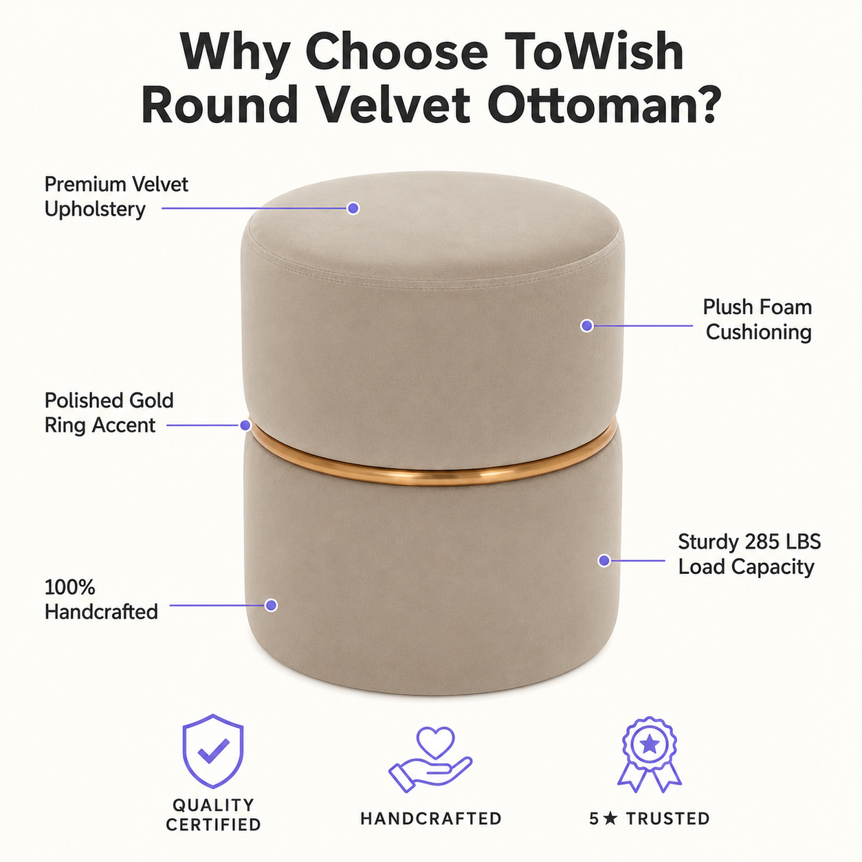 Velvet Round Ottoman with Gold Ring Band | Modern Premium Luxury Living Room Pouf