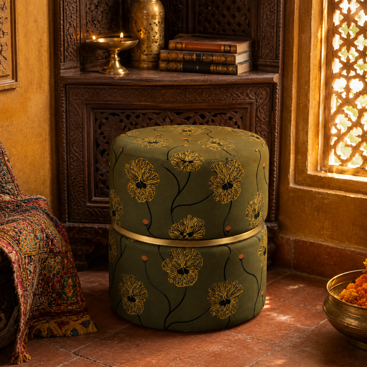 Olive Green Floral Pansy Round Ottoman Pouf with Gold Ring | Modern Premium Luxury Pouf