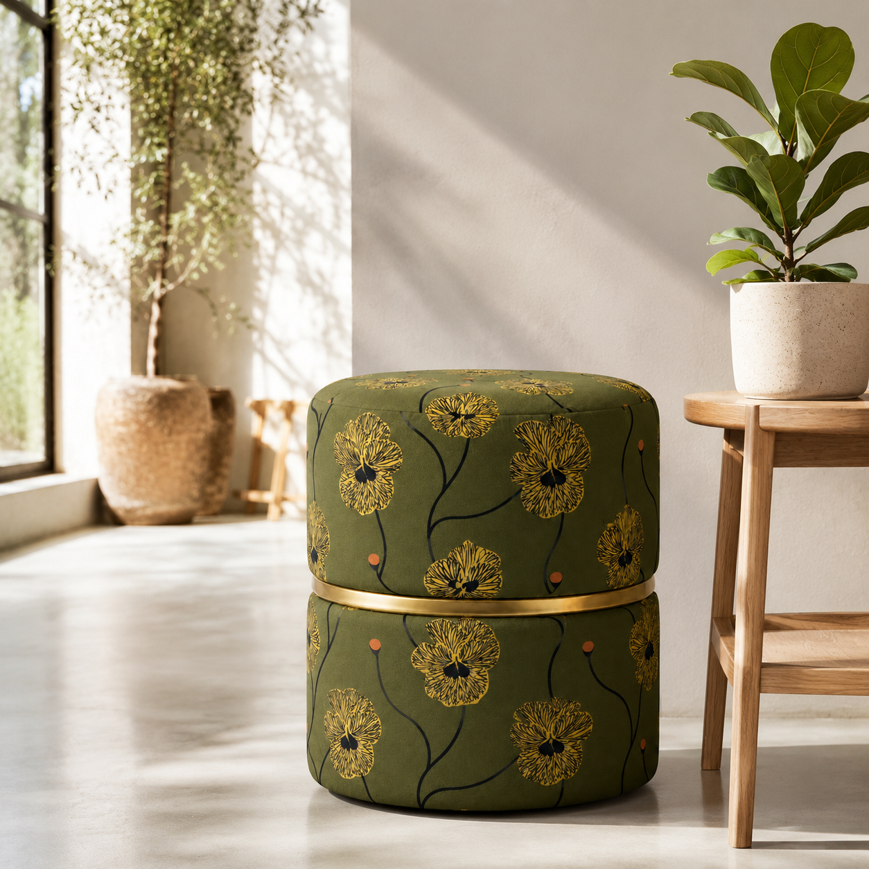 Olive Green Floral Pansy Round Ottoman Pouf with Gold Ring | Modern Premium Luxury Pouf