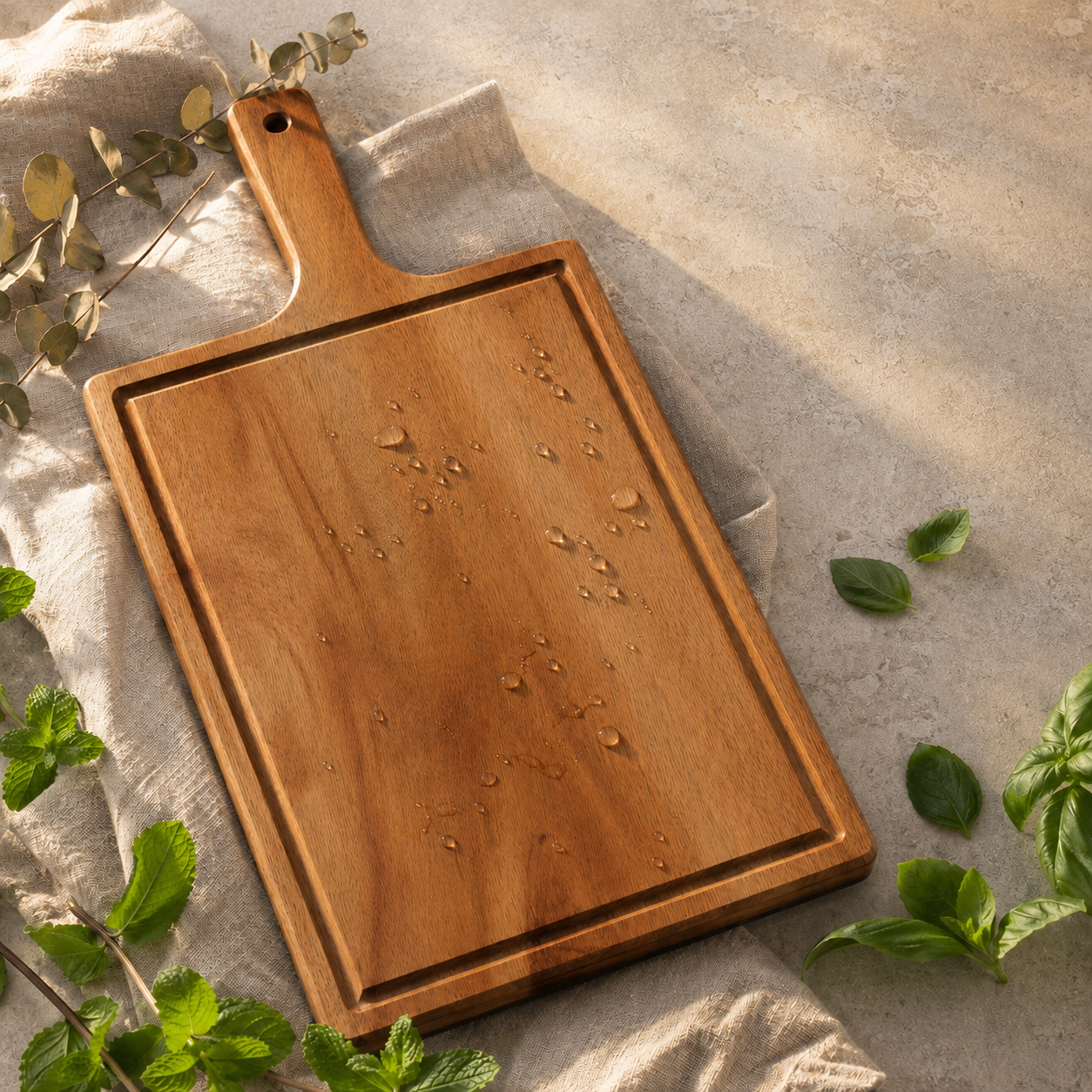 Acacia Wood Chopping Board with Handle & Juice Groove | Natural Grain Cutting & Serving Board | 16.5 × 7.8 Inch