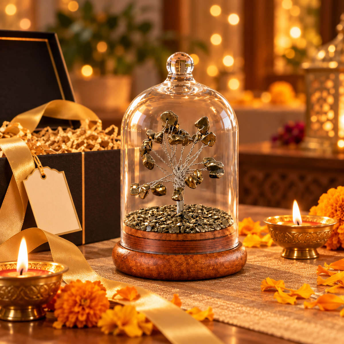 Pyrite Crystal Wish Tree with Glass Dome | Good Fortune Decor & Gift | Lab Certificate