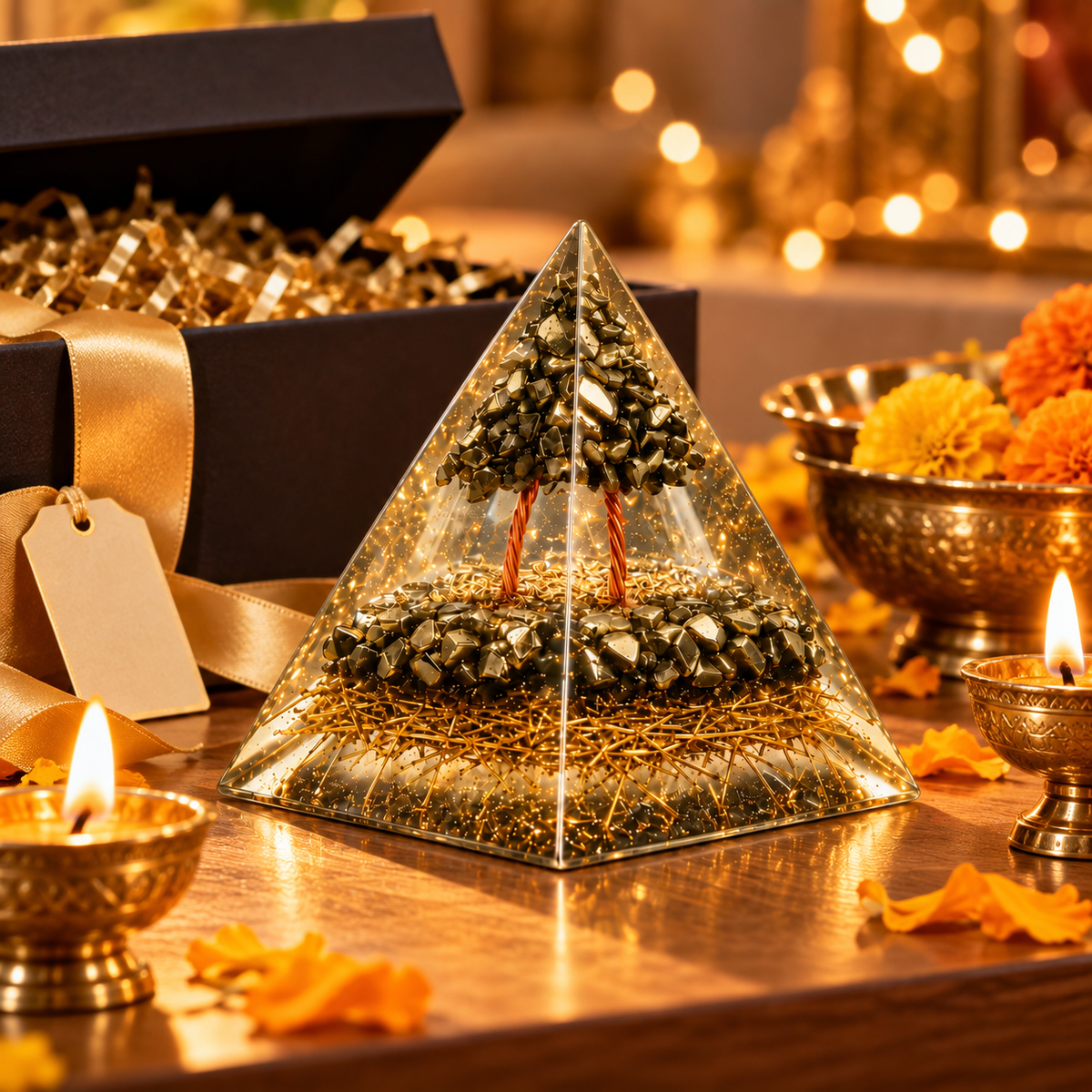 Pyrite Orgonite Money Magnet Pyramid | Wealth & Abundance Decor & Gift | Lab Certificate