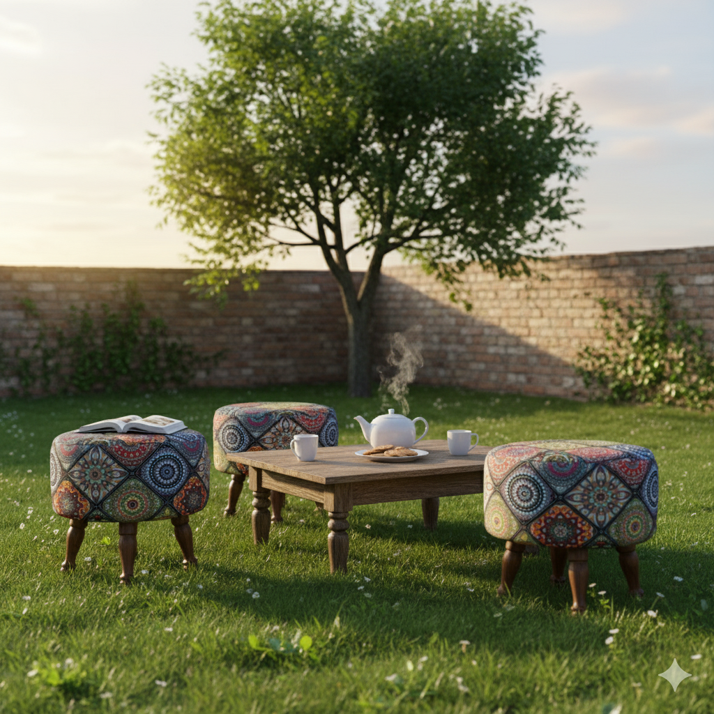 Warli Ottoman Stool - Printed (Height-16" Inch x Diameter-16" Inch), Premium Quality