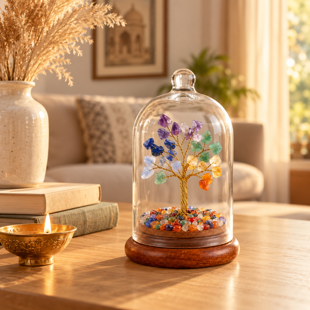 7 Chakra Crystal Wish Tree with Glass Dome | Home Decor & Gift | Lab Certificate
