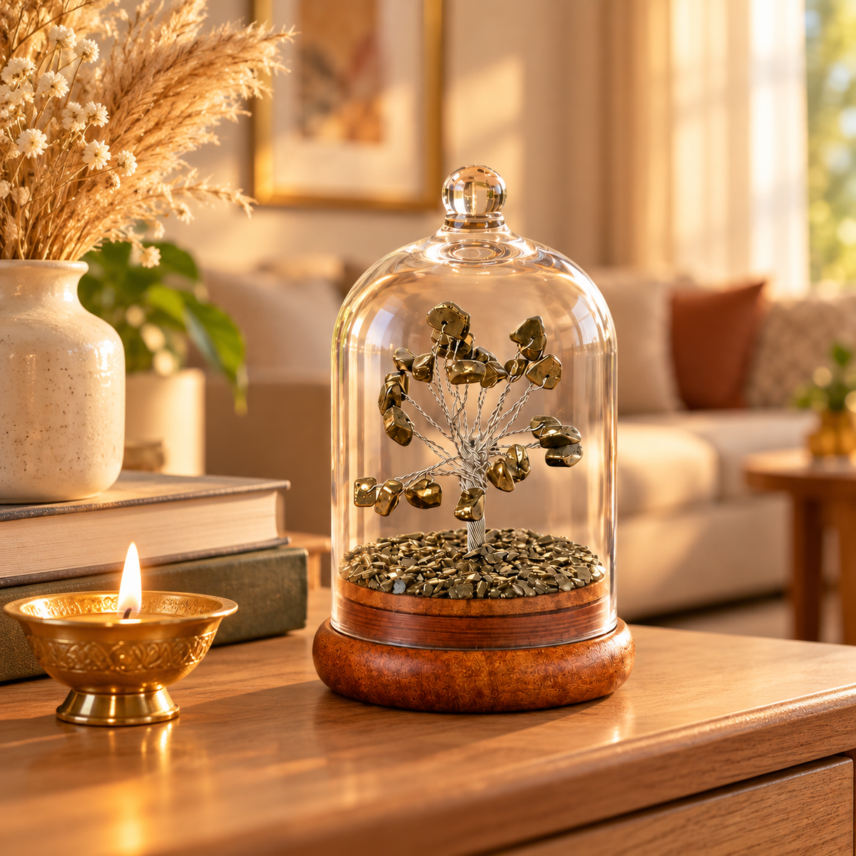 Pyrite Crystal Wish Tree with Glass Dome | Good Fortune Decor & Gift | Lab Certificate