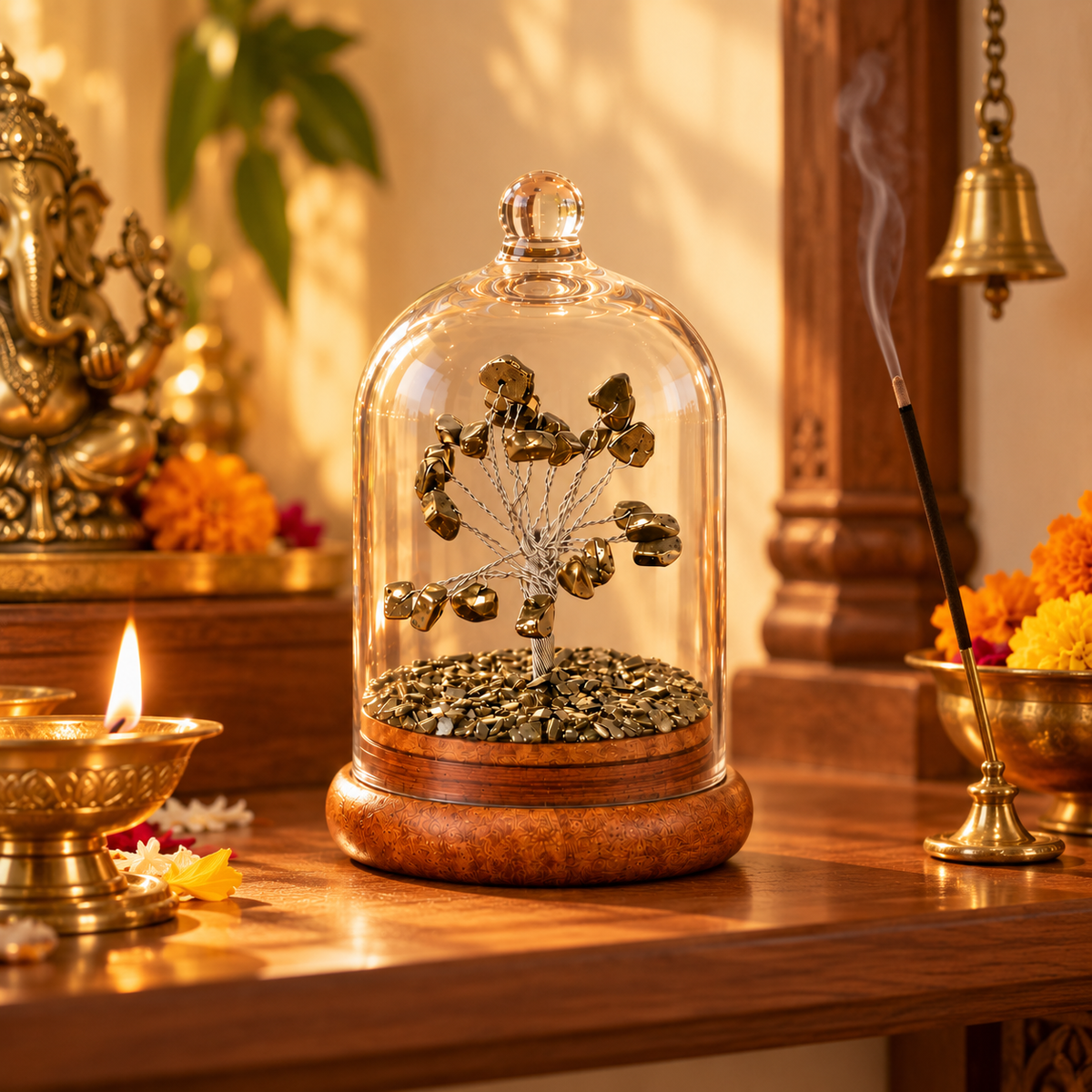 Pyrite Crystal Wish Tree with Glass Dome | Good Fortune Decor & Gift | Lab Certificate
