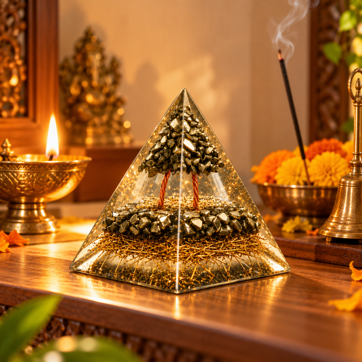 Pyrite Orgonite Money Magnet Pyramid | Wealth & Abundance Decor & Gift | Lab Certificate