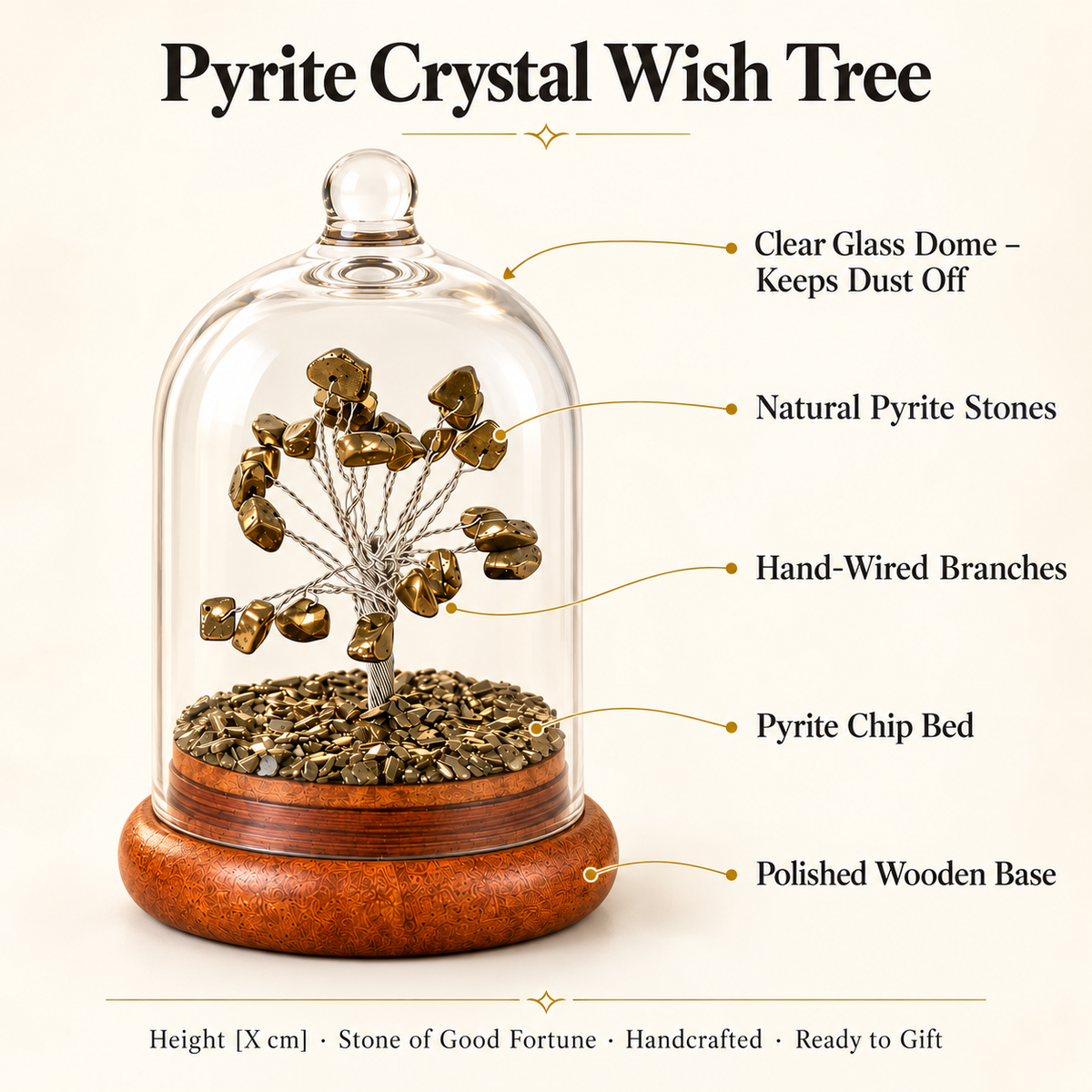 Pyrite Crystal Wish Tree with Glass Dome | Good Fortune Decor & Gift | Lab Certificate