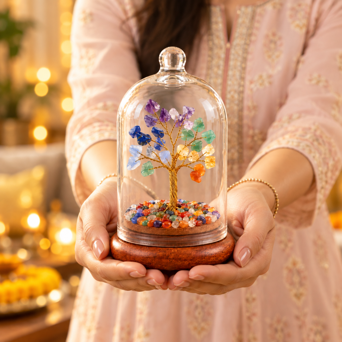 7 Chakra Crystal Wish Tree with Glass Dome | Home Decor & Gift | Lab Certificate
