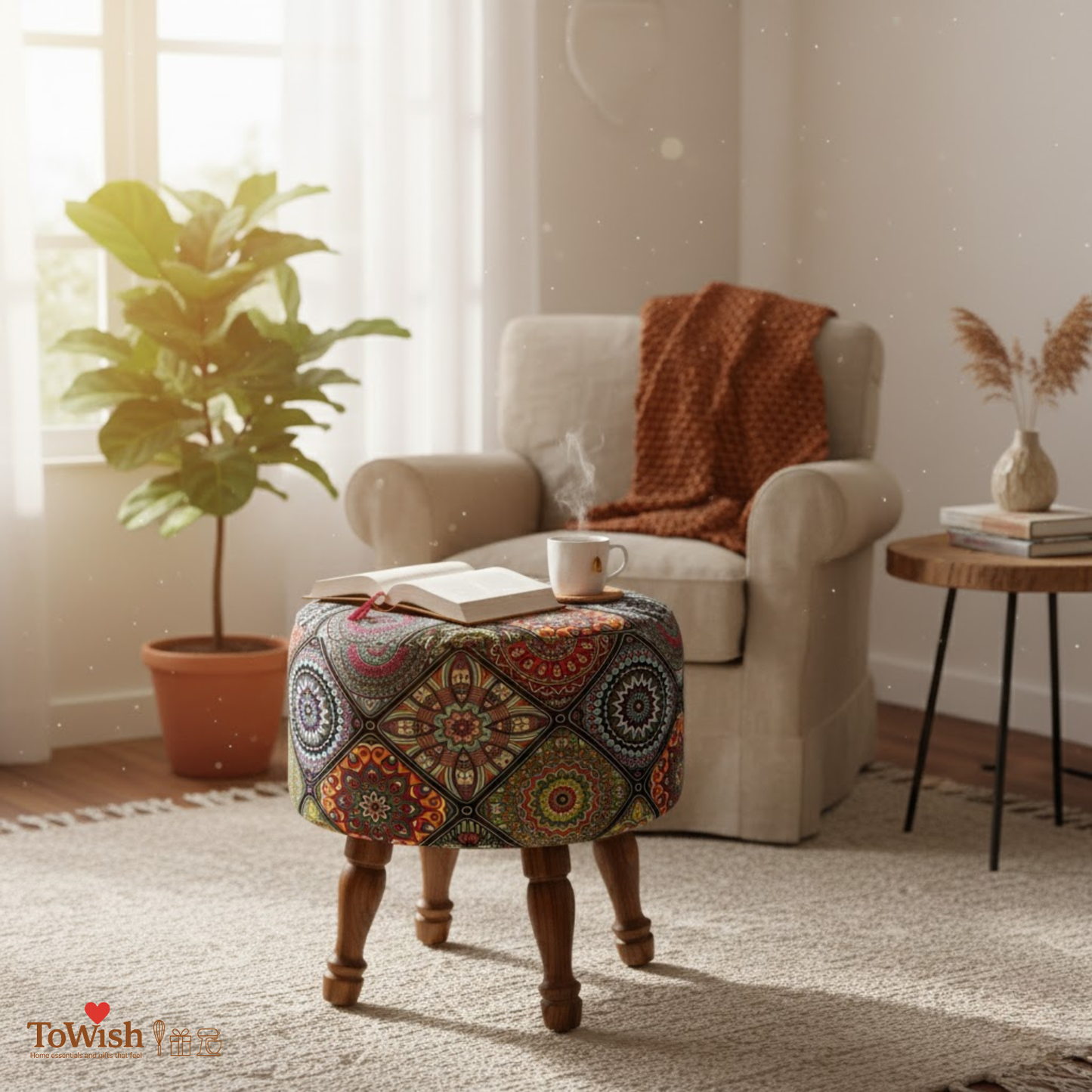Warli Ottoman Stool - Printed (Height-16" Inch x Diameter-16" Inch), Premium Quality