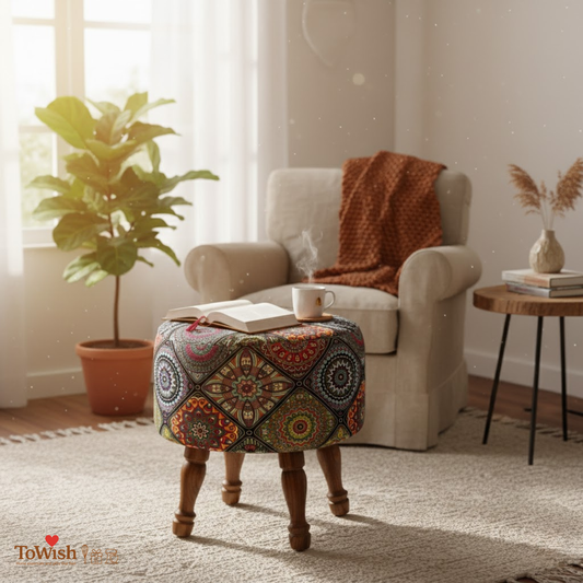 Warli Ottoman Stool - Printed (Height-16" Inch x Diameter-16" Inch), Premium Quality