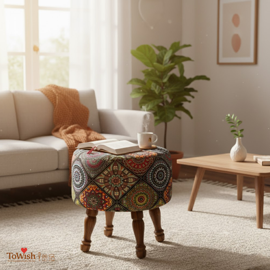 Warli Ottoman Stool - Printed (Height-16" Inch x Diameter-16" Inch), Premium Quality