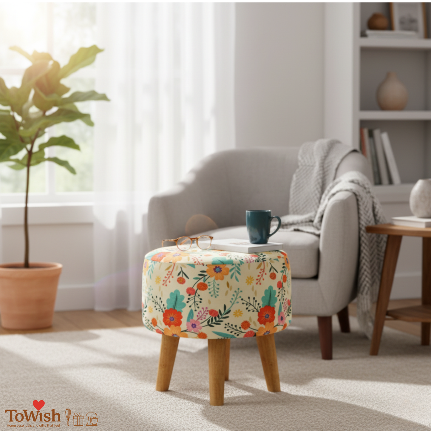 Warli Ottoman Stool - Printed (Height-17" Inch x Diameter-16" Inch), Premium Quality