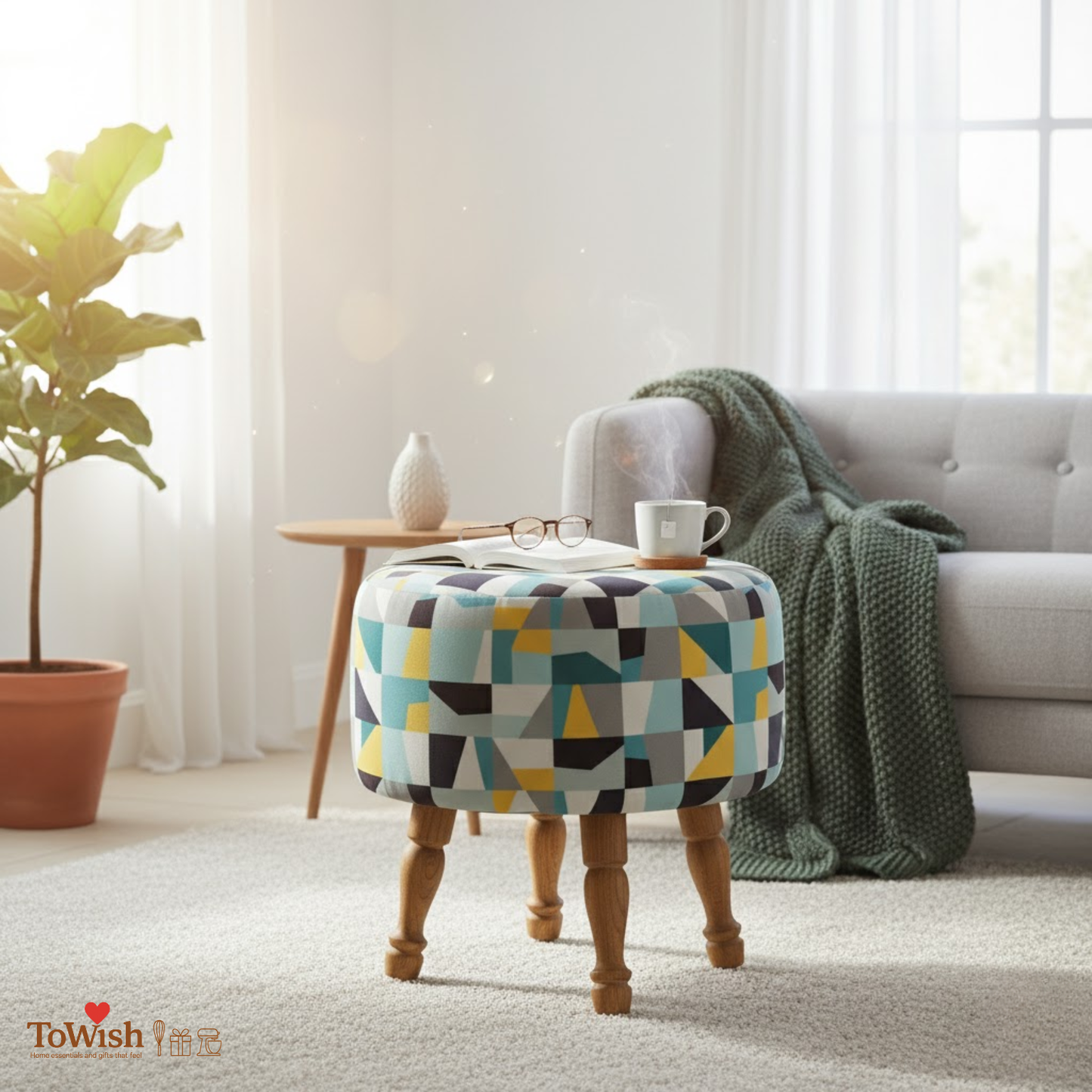 Warli Ottoman Stool - Printed (Height-16" Inch x Diameter-16" Inch), Premium Quality