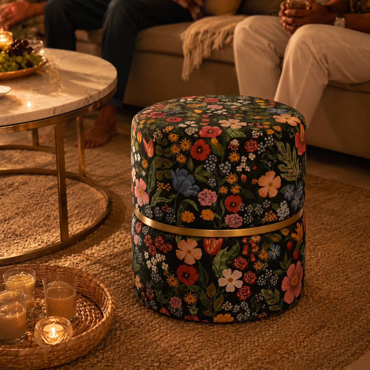 Botanical Garden Round Ottoman With Golden Ring | Modern Premium Luxury Pouf