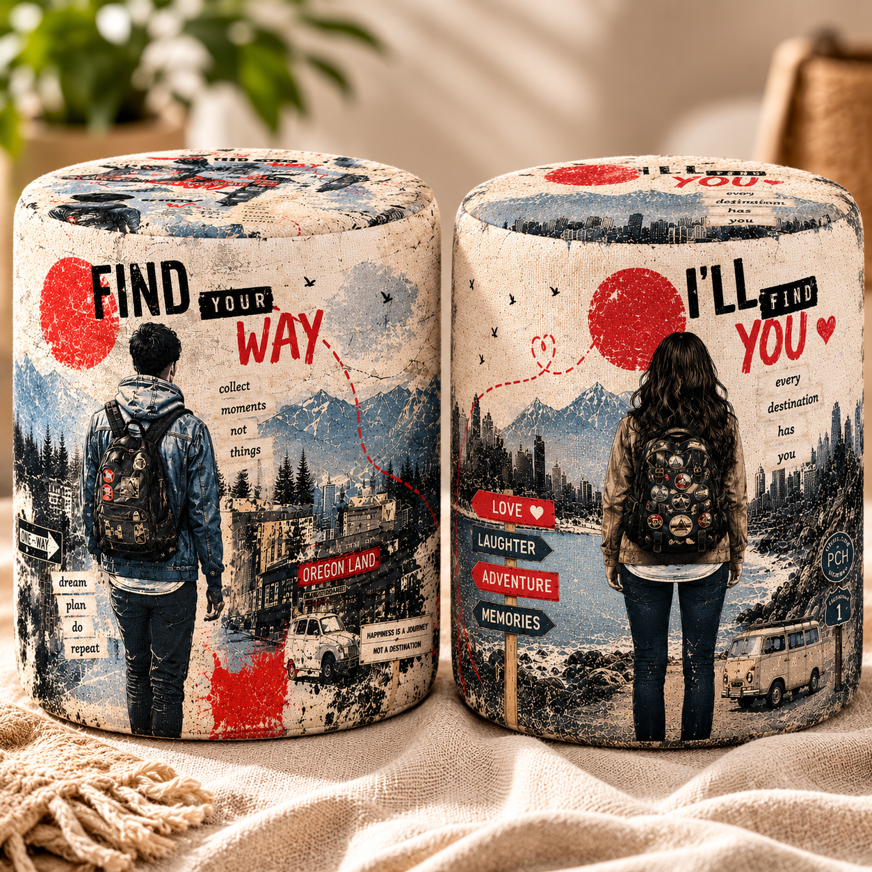 Wanderlust Couple Traveller Pouf Set of 2 | Premium Luxury Couple Adventure Pouf Pair